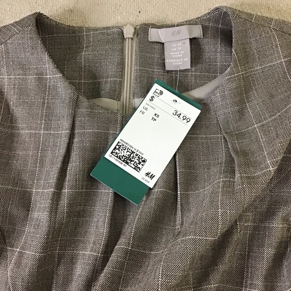 H&M Sheath Dress Women XS Taupe Windowpane Plaid Knee Length Cap Sleeves - Picture 6 of 8